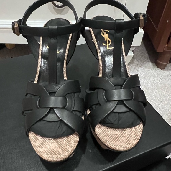 Saint Laurent Tribute 105MM Woven Leather Platform Sandals - Picture 1 of 7